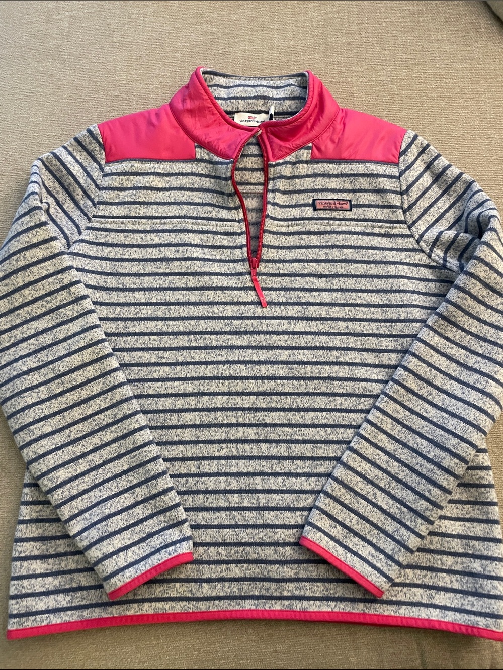 Vineyard Vines Navy & Pink Striped Quarter-Zip Pullover